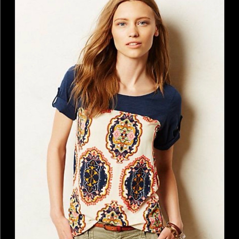 Anthropologie Navy and Cream Patterned Women's Top